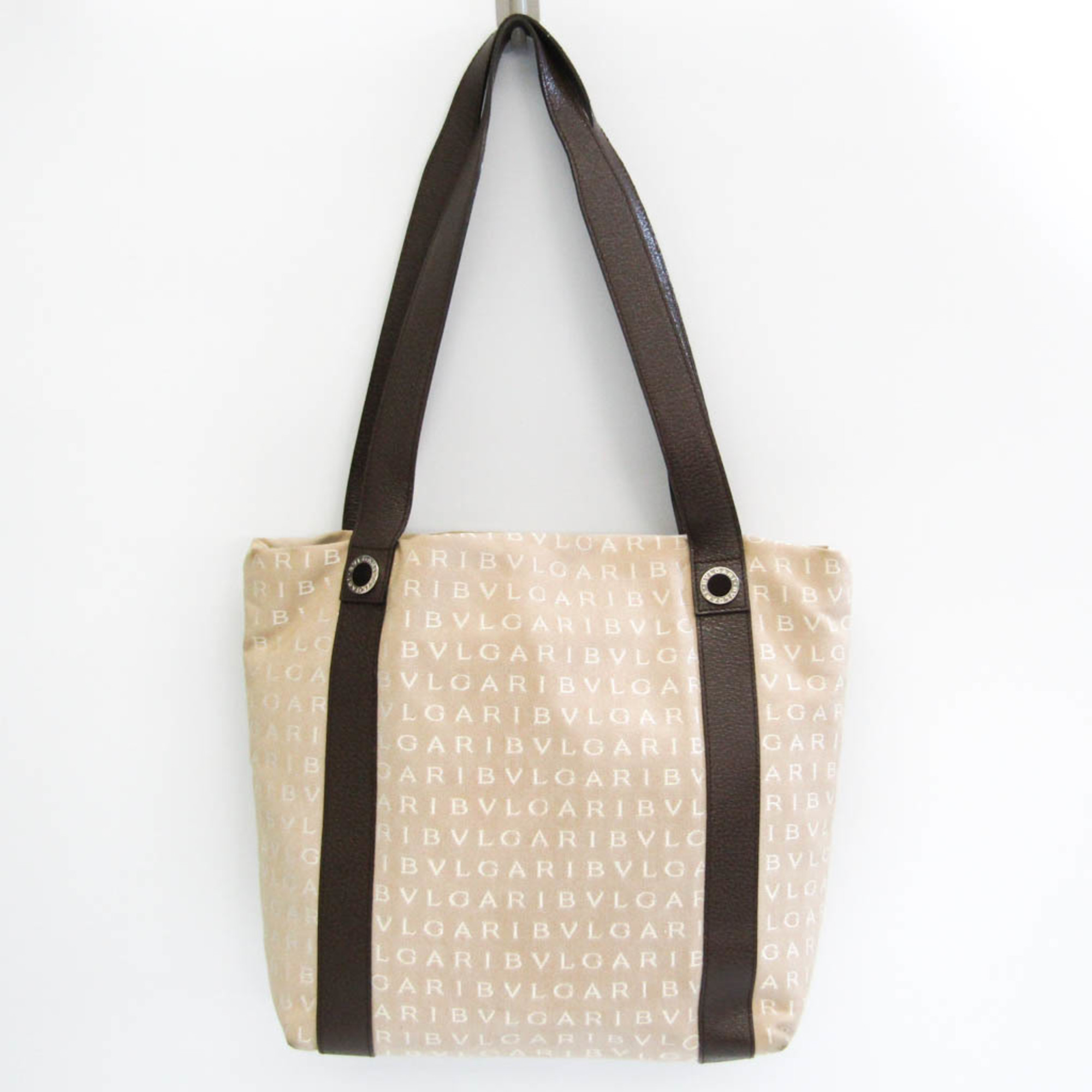Bvlgari Logomania Women's Leather,Canvas Tote Bag Beige,Brown